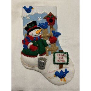 Complete Design Works Felt Christmas Stocking  "Snowman and Birds” Hand Stitched